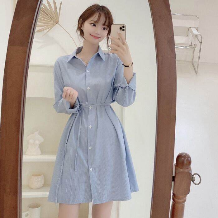 Korean Style Loose Blue Stripe Dress Women Lace Up Shirt Dress | Lazada