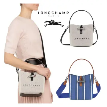 Longchamp, Bags, Longchamp Raye Essential Canvas Leather Bucket Bag Blue