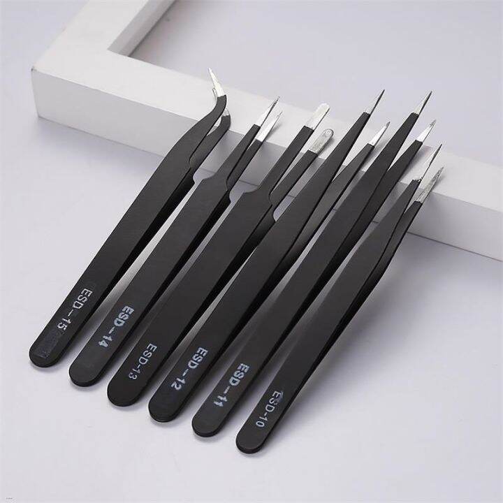 6pcs-set-esd-curved-fine-tip-anti-static-tweezers-set-stainless-steel-multifunction-tweezer-repairing-hand-tools-for-card-making