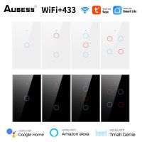 Aubess Tuya WiFi + RF433MHZ สวิตช์ไฟอัจฉริยะ1/2/3/4แก๊งดัดแปลงสวิตช์สัมผัสแก้วไม่มีสายกลางจำเป็นสำหรับ Alexa และ Google Home เรา