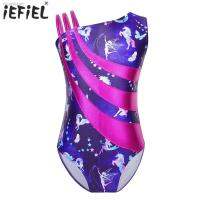 ❀ Kids Girls Gymnastics Swimsuit for Dancing Ballet Dancewear Metallic Shiny Leotard Print Asymmetrical Shoulder Strap Bodysuit