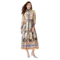 Womens Dress New 2024 Spring and Summer Stand Collar Wide Skirt Vintage Printed Long Maxi Dress