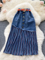 LY VAREY LIN New Spring Summer Women Casual Chiffon Patchwork Denim Skirts with Belt Lady Fashion High Waist A-line Blue Skirts