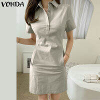 VONDA ชุดเดรสลำลองผู้หญิง H Pocket Shirt Solid Simple Short Dress (สาเหตุเกาหลี)9339