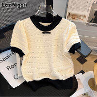 Laz Nigori เสื้อสเวตเตอร์แขนสั้นลายฟองหวานสำหรับผู้หญิงรู้สึกดีไซน์ใหม่กลิ่นหอมขนาดเล็กเสื้อเอวลอยกลวง