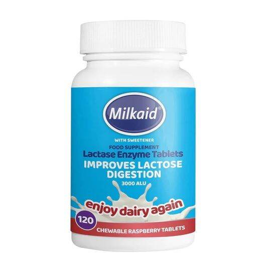 MILKAID Lactase Enzyme Tablets 120's for Lactose Intolerance Relief Prevents Gas, Bloating