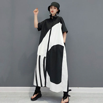 XITAO Dress Contrast Color Elegant Striped Shirt Dress