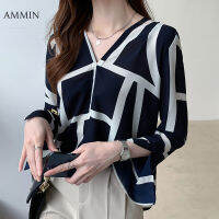 AMMIN Tops 2021 new autumn V-neck irregular color contrast stripe printing elegant temperament blouse womens Korean personality printing design long-sleeved pullover western chiffon shirt