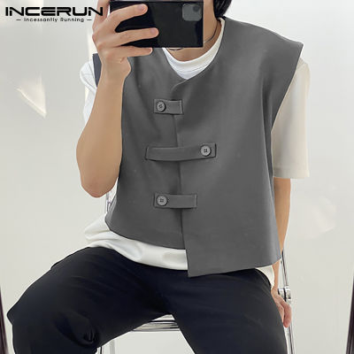 (เกาหลีสไตล์) INCERUN Mens Vintage เสื้อแขนกุด Crop Tops กระดุมโลหะด้านหน้า Waistcoat แจ็คเก็ตเสื้อ