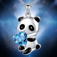 Exquisite Cute Panda Sapphire Heart Crystal Necklace for Women Animal Pendant Necklace Girls Birthday Anniversary Gift Jewelry