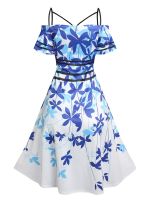 Dresพีวีซีแขนสั้น Strappy Dress Summer Leaf Print Off The Shoulder Spring Knee-Length Spaghetti Strap Women Dresses