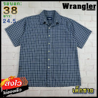 Wrangler®แท้ อก 38 เสื้อเชิ้ตเด็กชาย แรงเลอร์ สีกรม แขนสั้น เนื้อผ้าดี เสื้อวินเทจ