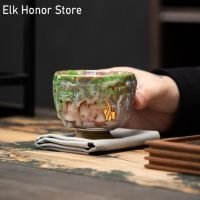 Handmade Wormhole Ceramic Tea Cup Zhiye Master Cup Cherry Blossom Bamboo Hat Cup Retro Fruit Green 24K Gold Heart Cup Gift Box