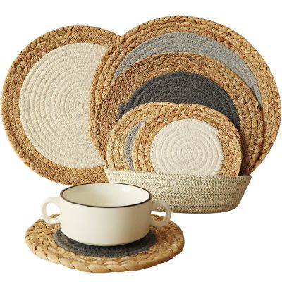 1Pc 30cm Straw Cotton Rope Mixed Woven Dining Table Insulation Placemat Coaster Pan Mat Kitchen Accessories Decoration