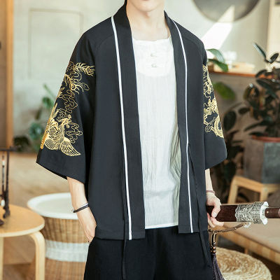 มังกรวินเทจโค้ทเสื้อคาร์ดิแกน Kimono ฟินิกซ์ซัลแมน Jepun Samurai Pakaian Lelaki Yukata Haori Obi ฤดูร้อนเสื้อชายหาด