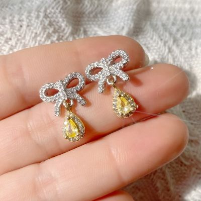 [COD] Versailles super fairy bow imitation Moissanite golden diamond earrings light luxury broken rose pink silver needle
