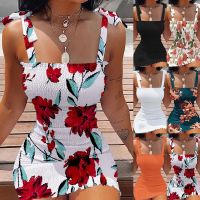 Women Elastic Waist Pleated Dress Summer Sleeveless Off The Shoulder Floral Print Bodycon Party Dresses SZE-1930