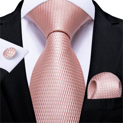 DiBanGu Fashion Peach PInk Men Gifts Tie Clip Hanky Cufflinks Tie 150cm Long Tie for Men Wedding Party Business Tie Set MJ-7195