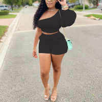 Two Piece Chic Party Suits Long Sleeve One Shoulder Crop Top &amp; Casual Shorts Set