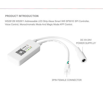 WS2812B SP501E LED Pixel Lights Controller WiFi Voice Control Work with Alexa Google Assistand for DC5-24V Flexible Tape Light