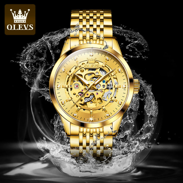 olevs-ผู้ชายทองอัตโนมัตินาฬิกาข้อมือเดิมกันน้ำหรูหรานำเข้าโครงกระดูกนาฬิกาข้อมือสแตนเลส