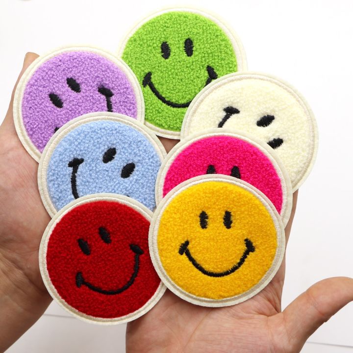 1PC Big Round Smile Iron On Patches Towel Chenille Embroidered Repair  Patches Applique For Clothing Fabric Jackets Jeans Decor