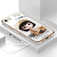 (คลังสินค้าพร้อม) เคสเคสมือถือสำหรับ iPhone 7 / iPhone 8พร้อมฟรีสายคล้อง + การ์ตูนสาวน่ารักขอบสี่เหลี่ยมชุบเคลือบฝาหลังนิ่ม