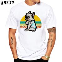 New Men Short Sleeve French Bulldog Tattoo Retro Art T-Shirt Cute Dog Design White Tops Man Tees