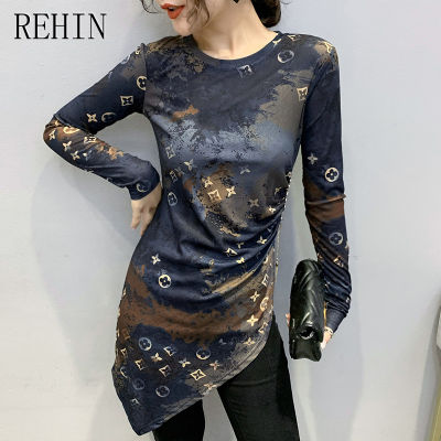 REHIN เสื้อยืดแขนคอกลมยาวพิมพ์ลายที่ไม่ซ้ำกันเสื้อบางเสื้อสตรีผ้าฝ้ายผู้หญิงที่สง่างาม