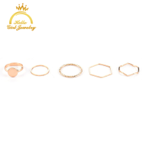 Hello Girl Jewelry แหวนหางคลื่นเรียบง่ายรวมกัน 5 ชิ้นลมเย็นโลหะเรขาคณิตผิดปกติแหวนข้อต่อแหวน