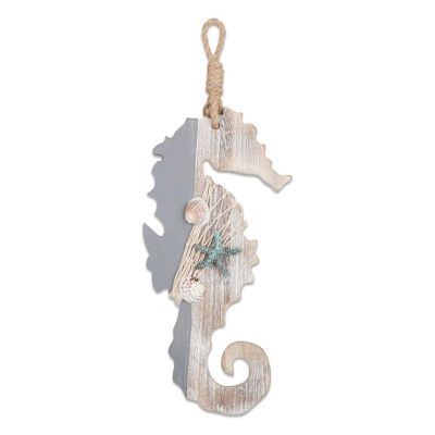 Wooden Decor Seahorse with Starfish and Shells for Nautical Decoration,Wall Hanging Ornament Beach Theme Home Decoration