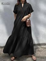 【HOT】❍✸☂ Causal V Neck Short Sleeved Vestidos Sundress ZANZEA Oversized Robe Kaftan