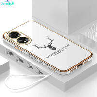 [ฟรีสายคล้อง] สำหรับ OPPO A78เซลล์4G เคสโทรศัพท์ ELK Deer ที่ใช้ตกแต่งภายนอกรูปเรนเดียร์ขอบสี่เหลี่ยมเคสโทรศัพท์ชุบหรูหราชุบเคสโทรศัพท์นิ่ม