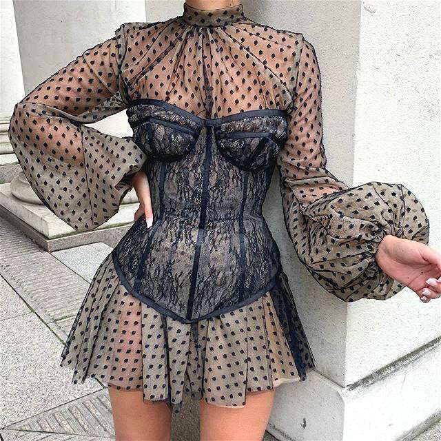 2021Summer Tops Dresses Women Party Bodycon Mini Dress Sexy 2021 White Long Sleeve Mesh Lace Corset Club Outfits Dresses Boho WA57