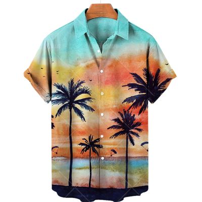 2023ใหม่ Hawaii Looser Supersize ผู้ชายใช้เสื้อเชิ้ตลำลองพักผ่อนดั้งเดิม SuFeng Beach Sunset Oversized เสื้อผ้าที่นำเข้า