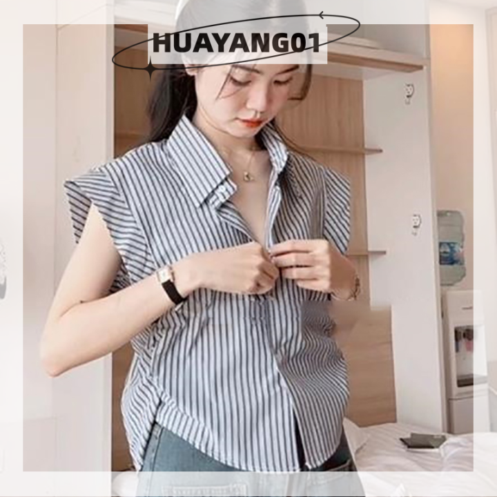 huayang01-2023-new-hot-fashion-lazlook-เสื้อผู้หญิงลายทางคอปกเข้ารูปสุดชิคคลาสสิกฤดูร้อนเรียบง่ายลำลอง