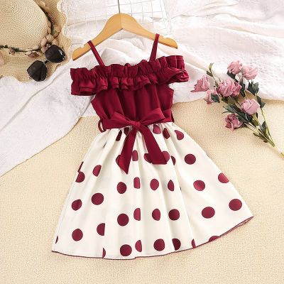 Kids Casual Dress for Girls Summer 2023 New Toddler Cold Shoulder Dot Print Red Princess Strap Dress Children Clothing 2-8Y