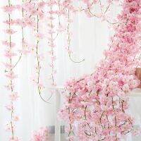 hot【cw】 84 flower heads 1pcs silk artificial cherry blossom rose vine wall hanging decoration rattan fake plant leaf Rom