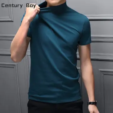 Mens Summer Turtle Neck High Neck Tops T-Shirt Short Sleeve