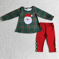 Infant Kid Christmas Clothing Baby Girl Christmas Embroidery Santa Long Sleeve Red Cotton Pants Set Wholesale Children Clothes