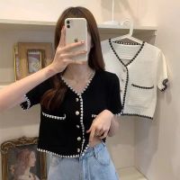 ✙№ Linki ✡ Fashion small fragrance metal button woven v-neck sweater short sleeve women top