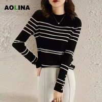 AOLINA 2022ใหม่ต้นฤดูใบไม้ร่วงบางลายถักเสื้อกันหนาวของผู้หญิงภายในแขนยาวคอกลม Bottoming เสื้อด้านบน