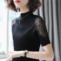 Womens Lace Short-Sleeved T-Shirt Womens Summer New 2021 New Slim Top Black Knitted Bottoming Shirt