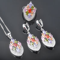 Gracious Multicolor Zirconia ผู้หญิงสีเงินชุดเครื่องประดับต่างหูจี้สร้อยคอแหวน QZ0590