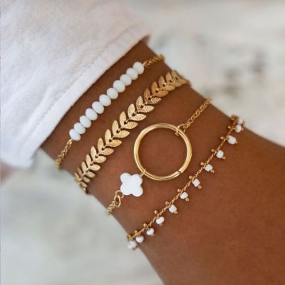 Bohemia Gold Color Leaves Bracelet Set For Women White Beads Round Charm Wrap Bangle Boho Girls Jewelry Gift