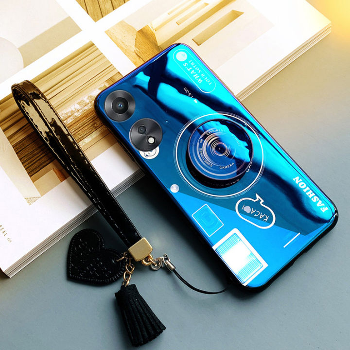 gloden-tree-for-oppo-a78-5g-case-camera-pattern-stand-beautiful-tassel-hand-strap-protective-back-cover-couple-cases