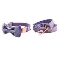 Unique Style Paws Purple Velvet Soft Collar with Bow tie and Leash Gift for Dogs and Cats