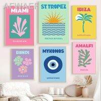 ♝☎Mykonos Ibiza Miami Bondi Amalfi St.tropez สีสันผ้าใบวาดภาพการเดินทางพิมพ์นามธรรมภาพฝาผนังโปสเตอร์ศิลปะบนผนังนอร์ดิก