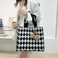 Large-Capacity Female Bag Tote Retro Checkerboard Shoulder Student Class Simple Portable Cloth Fashionable All-Match Underarm Side Backpack 【AUG】