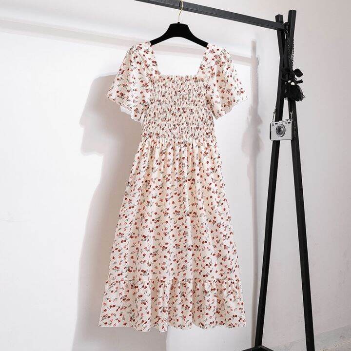 spring-summer-chiffon-women-dresses-female-short-sleeve-elastic-waist-printed-floral-midi-dress-pleated-backless-casual-dress